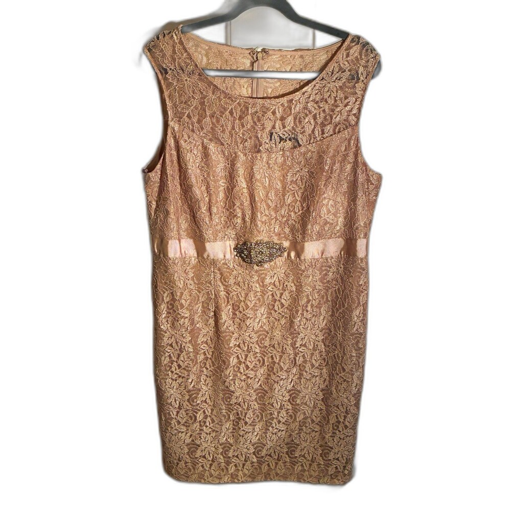 Jessica Howard 16W Beige Floral Lace Sleeveless Sheath Dress Beaded Waist Zip
